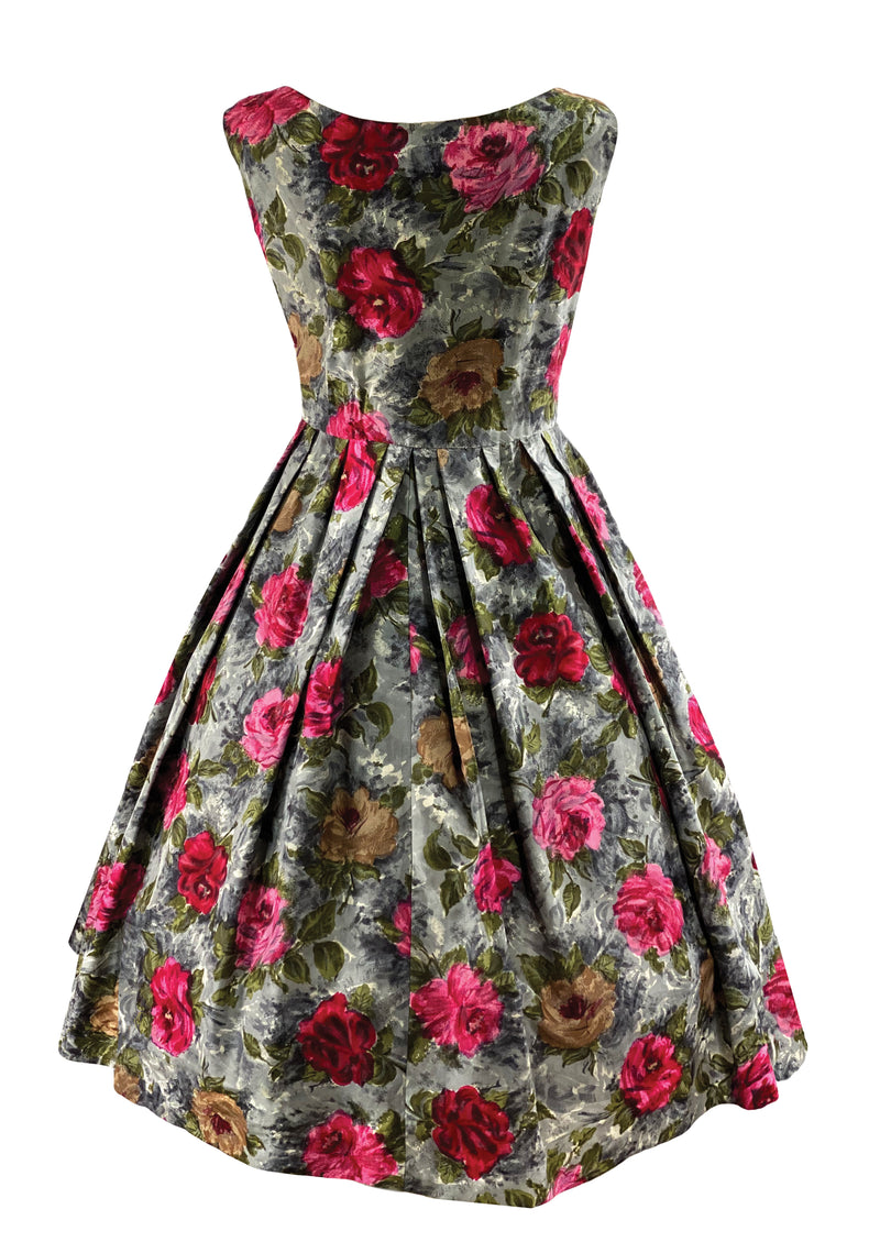 Late 1950s Vibrant Pink and Gold Roses Print Silk Dress - NEW!