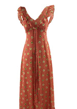 1970s Rose Print Maxi Dress with Frills