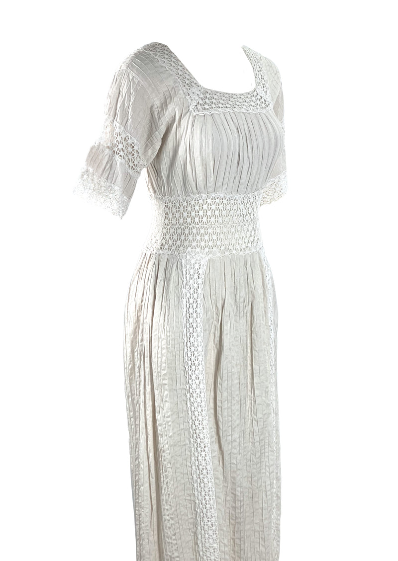 1970s Young Edwardian Look White Cotton Maxi Dress- New!
