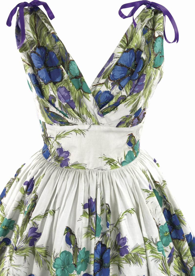 1950's Blue, Turquoise & Lilac Floral Print Cotton Dress - New!