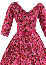 Gorgeous 1950s 1960s Magenta Roses Cotton Dress  - New!