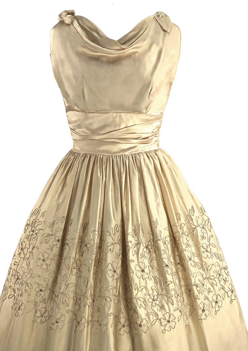 1950s Beaded Pale Gold Silk Satin Cocktail Dress - New!