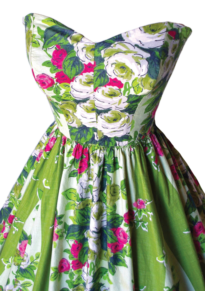 1950s Pink Roses Applique Cotton Party Dress - New!