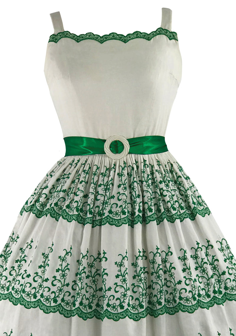 1950s Ivory Cotton Dress with Green Embroidery- New!