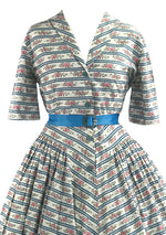 Vintage 1950s Pink Floral Cotton with Blue Stripes- New!