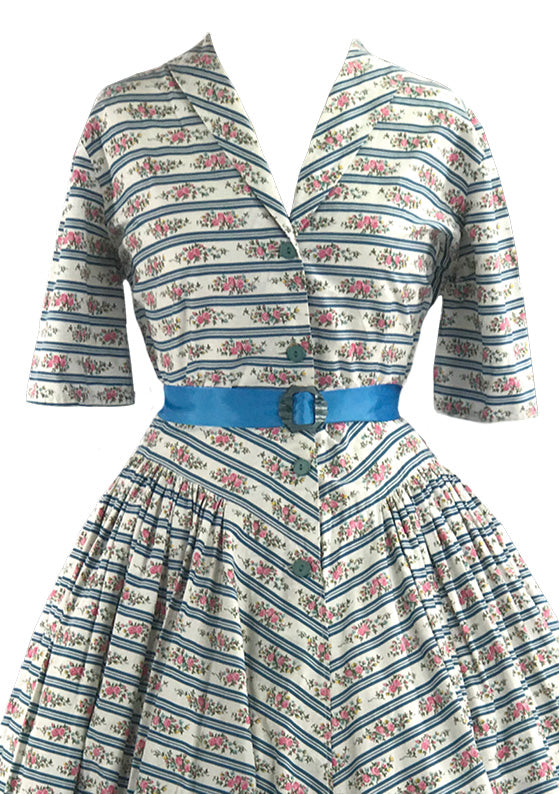 Vintage 1950s Pink Floral Cotton with Blue Stripes- New!