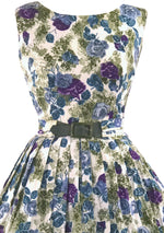Vintage 1950s Purple & Blue Rose Print Dress- New!