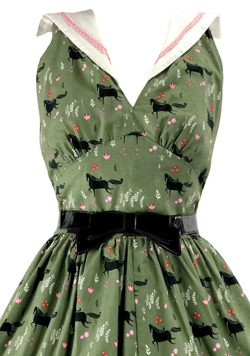 1970s Green Cotton Halter Novelty Horses Dress - New! (