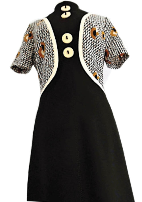 1960s Designer Black, Brown & Cream Space Age Dress  - New!