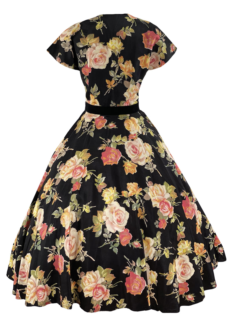 Striking Late 1950s Pink Cabbage Roses on Black Taffeta Dress- NEW!