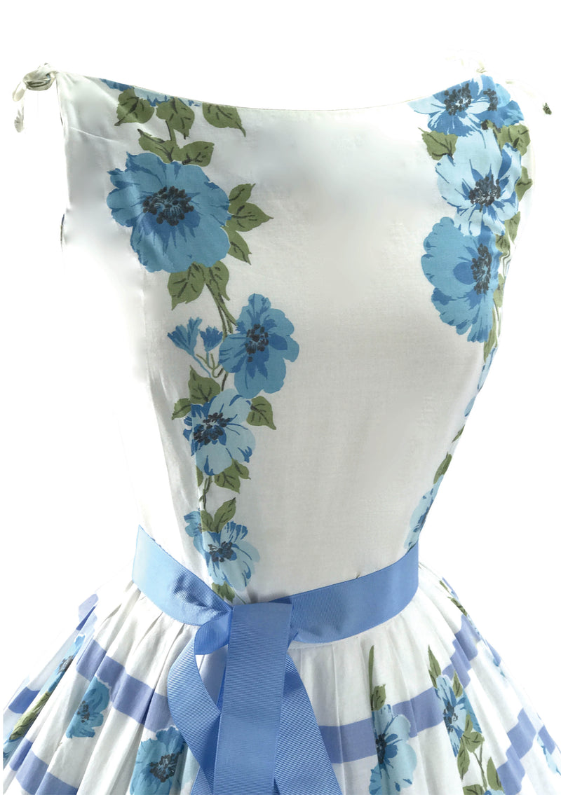 1950's Blue & White Floral Border Print Cotton Dress - New!