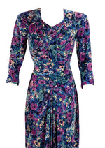 1940s Muted Blue and Purple Floral Rayon Jersey Dress - New!