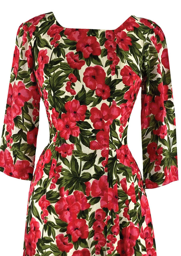 Early 1960s Quality Red Floral Silk Dress- New!
