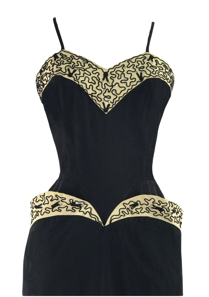 Vintage 1950s Black Pinup Dress with Soutache Trim - New!