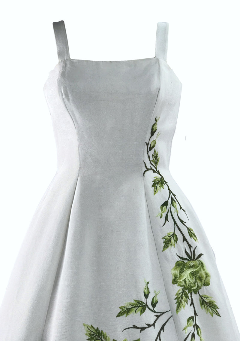 Vintage Late 1950s Ivory Faille Dress with Green Embroidery - New!