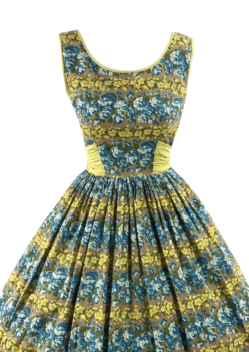 Late 1950s Blue and Yellow Floral Striped Dress- New!