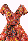 Vintage 1950s Orange Red Cotton Atomic Novelty Print Dress - New!
