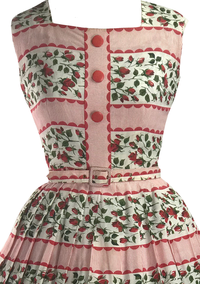 Late 1950s Early 1960s Rosebuds and Stripes Dress - New!