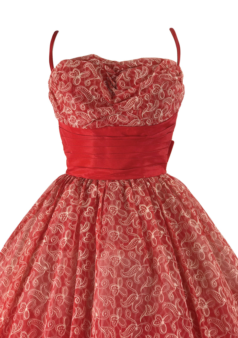 Vintage 1950s Red & White Flocked Party Dress - New!