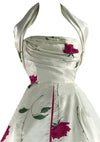 1950s Red Roses on Ivory Satin Party Dress Ensemble- New!