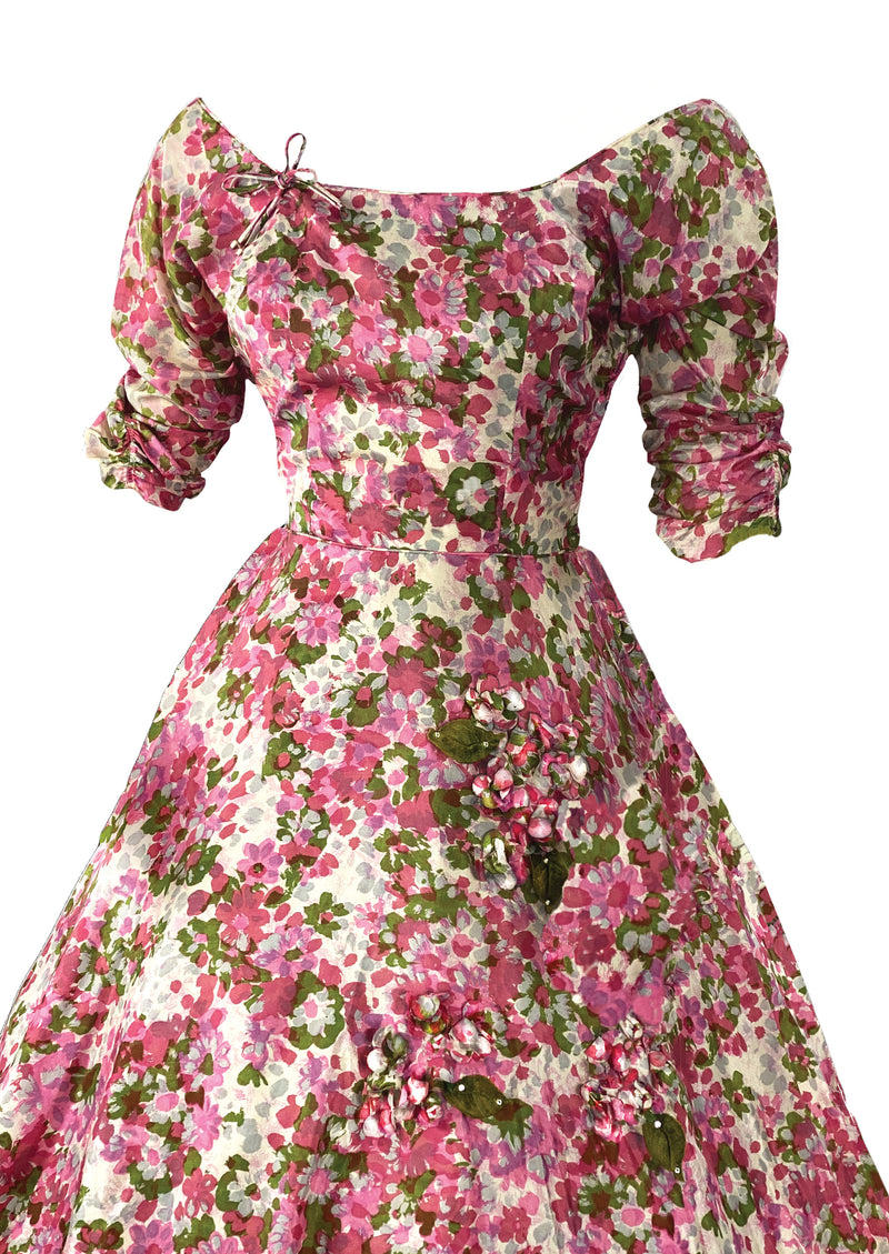 Eye-Catching 1950s Pink Floral 3D Applique Silk Dress - New!