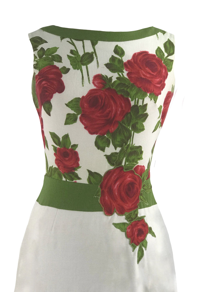 Vintage 1960s White Linen Dress with Red Roses- New! (RESERVED)
