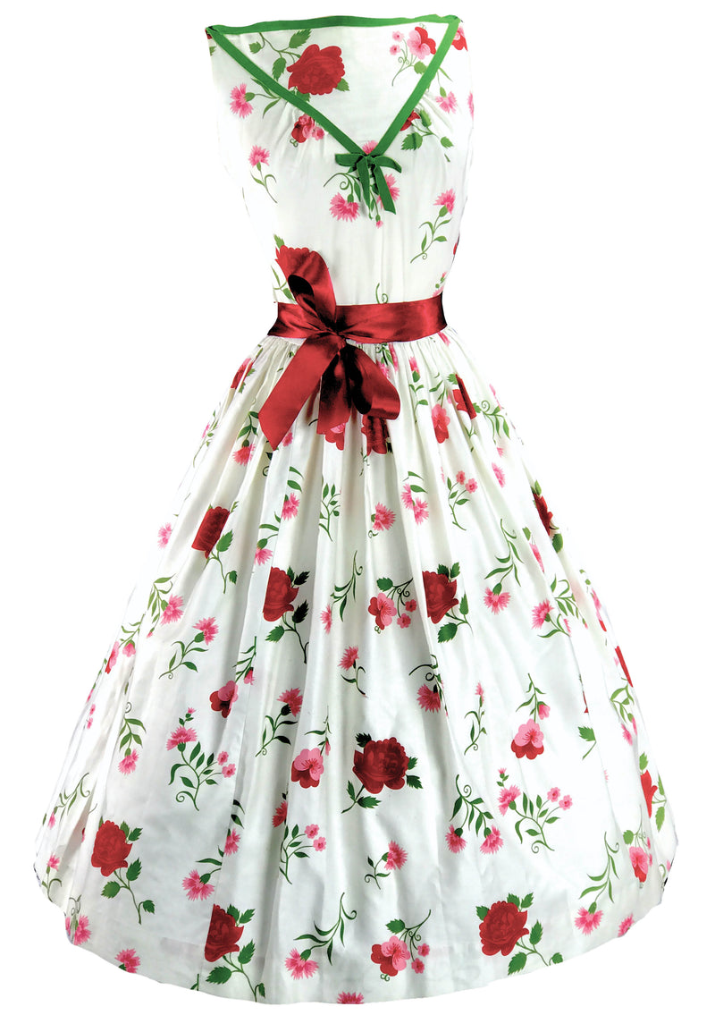 1950s Pink/Red Carnations & Roses on White Cotton Dress  - New!