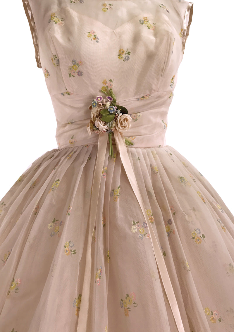Original 1950s Peach Pink Flocked Floral Chiffon Party Dress - New!