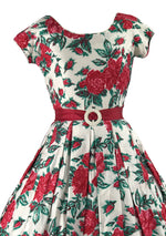 Vibrant 1950s Red Rose Print Cotton Dress- New!