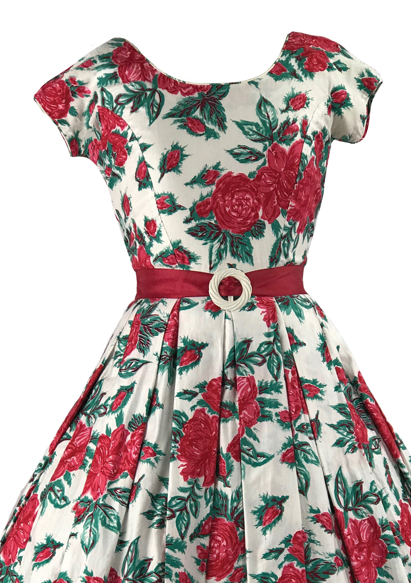 Vibrant 1950s Red Rose Print Cotton Dress- New!