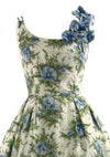 Vintage 1950s Blue Morning Glory Applique Silk Dress - New!