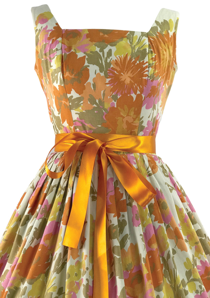 Vintage 1950s Tangerine Orange Floral Cotton Dress  - New!