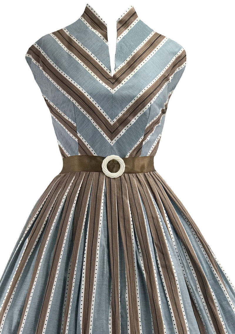 1950s Blue and Brown Chevron Stripe Cotton Dress- New! Coutura Vintage 1950s Blue and Brown Chevron Stripe Cotton Dress- New! Coutura Vintage