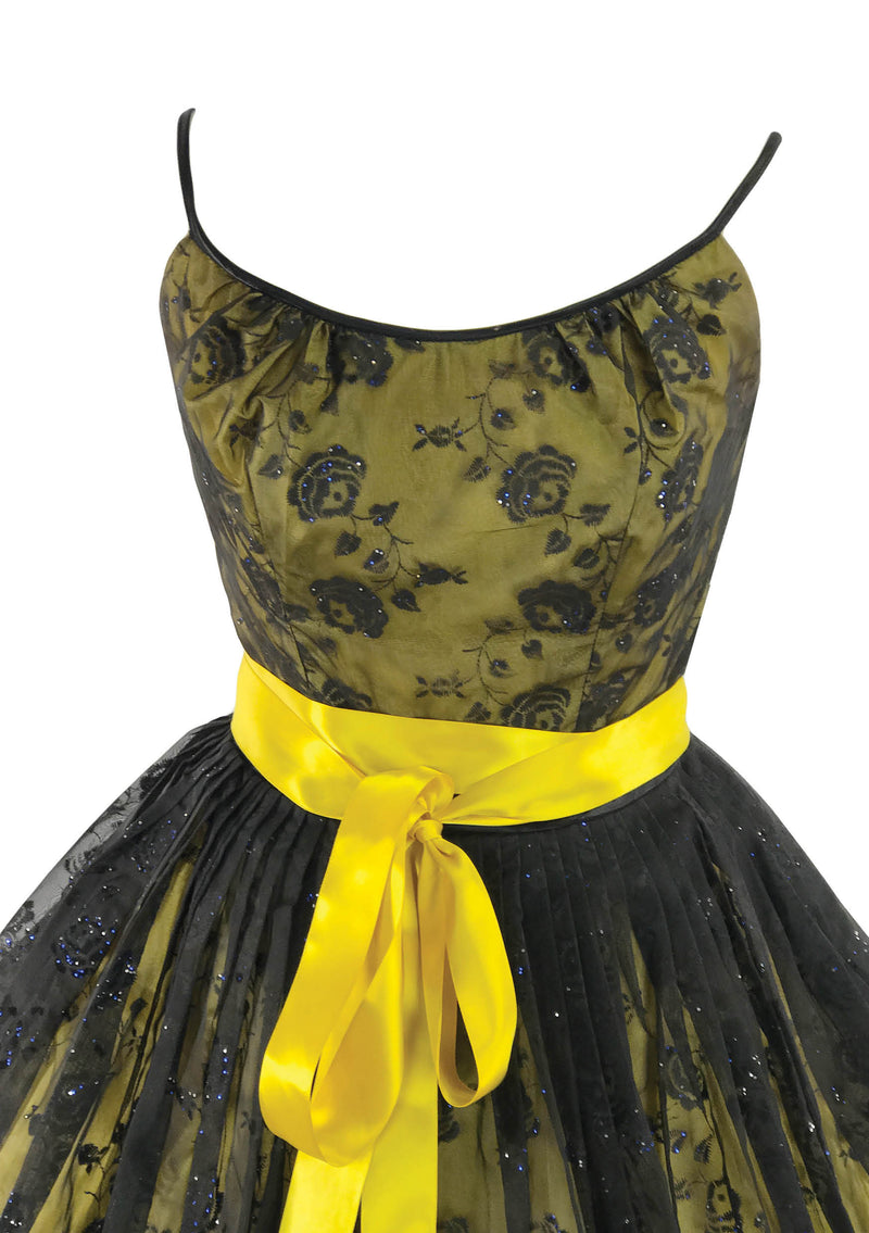 Gorgeous 1950s Black Flocked Glitter Chiffon Party Dress - New!