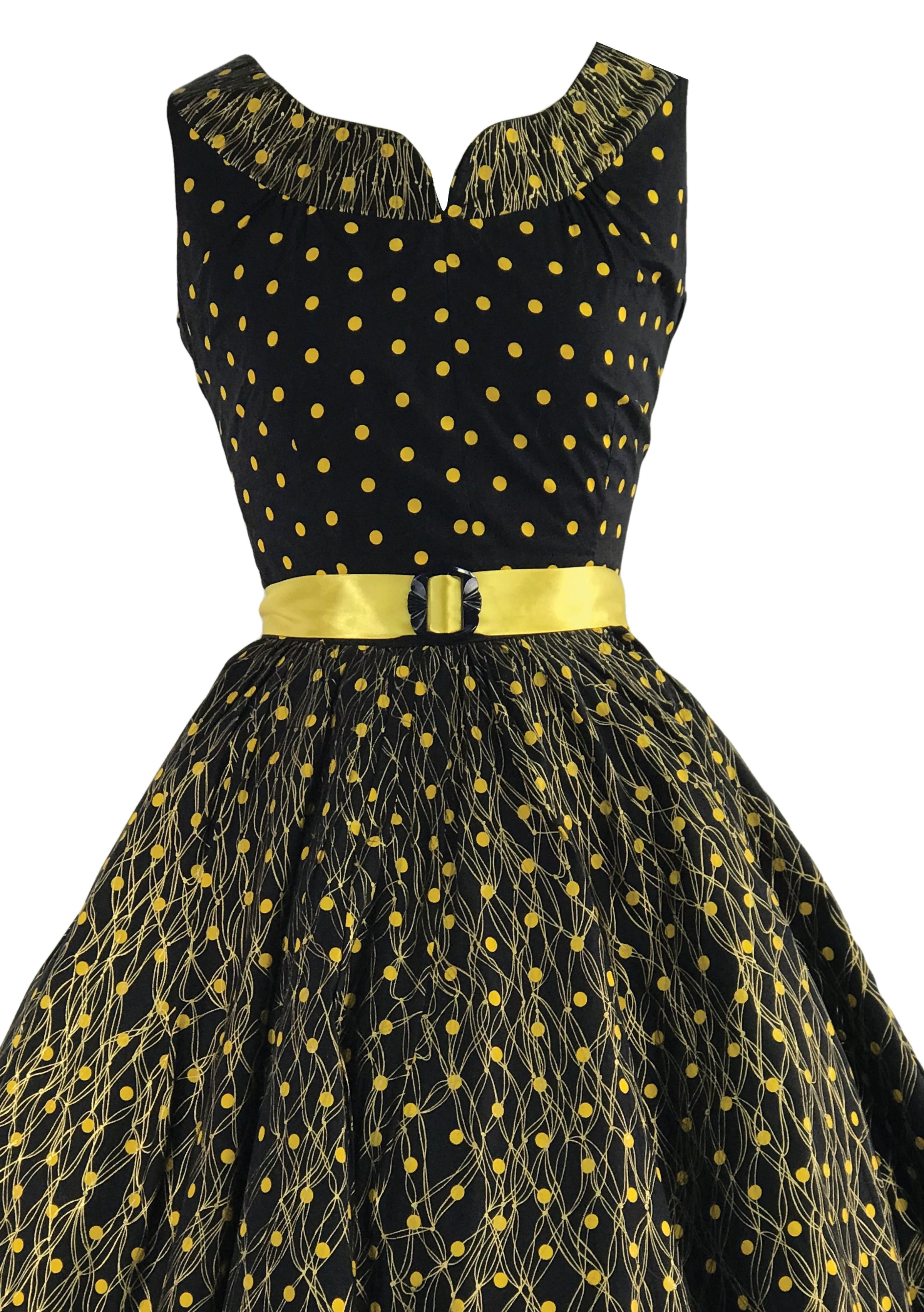1950s Australian Designer Black & Gold Polka Dot Dress- New! Coutura Vintage 1950s Australian Designer Black & Gold Polka Dot Dress- New! Coutura Vintage