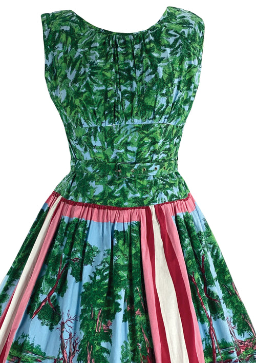 Stunning 1950s Scenic Novelty Print Cotton Dress- New!