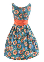 Vintage Late 1950s Blue and Tangerine Floral Cotton Dress - NEW!
