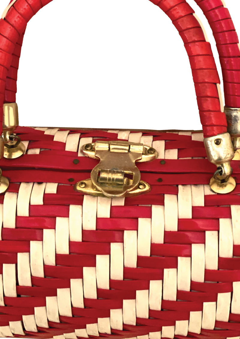 Vintage 1960s Red and White Herringbone Handbag - New!