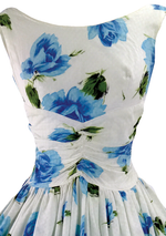 1950's Blue & White Large Roses Print Pique Cotton Dress - New!