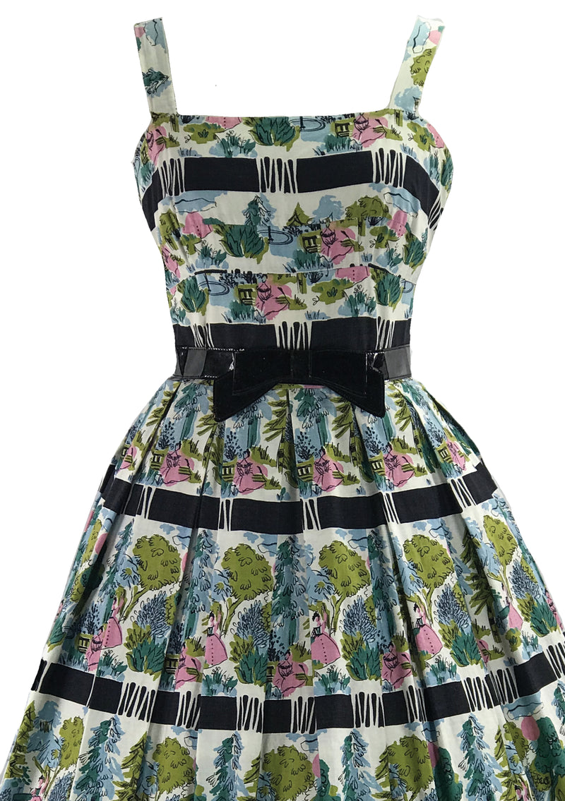 Vintage 1950s Bucolic Novelty Print Cotton Dress- New!