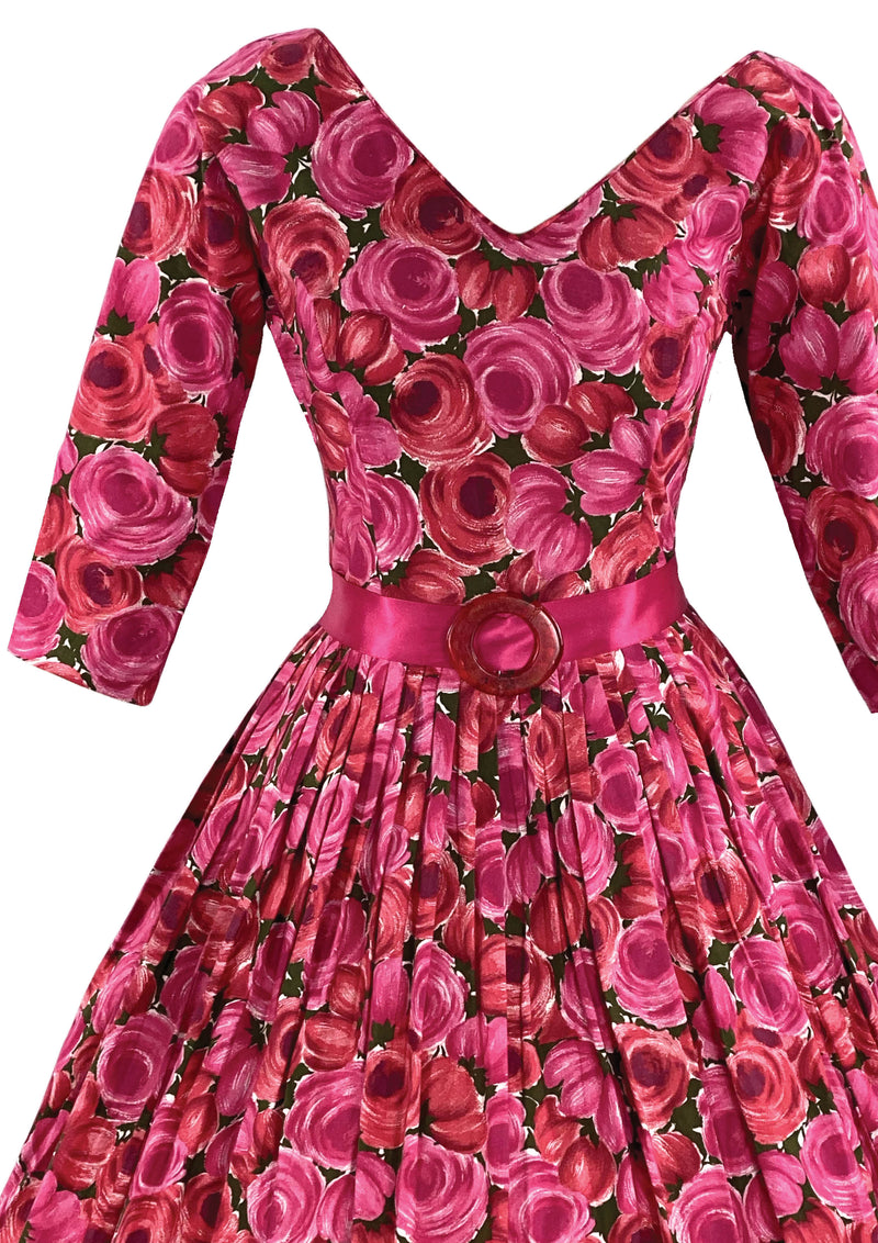 Spectacular 950s 1960s Magenta Roses Cotton Dress  - New!