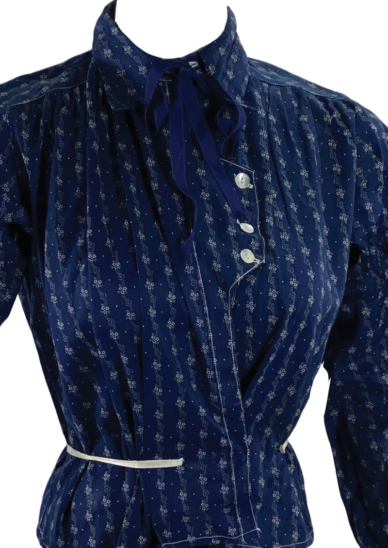 Circa 1910s Indigo Floral Cotton Blouse - New!