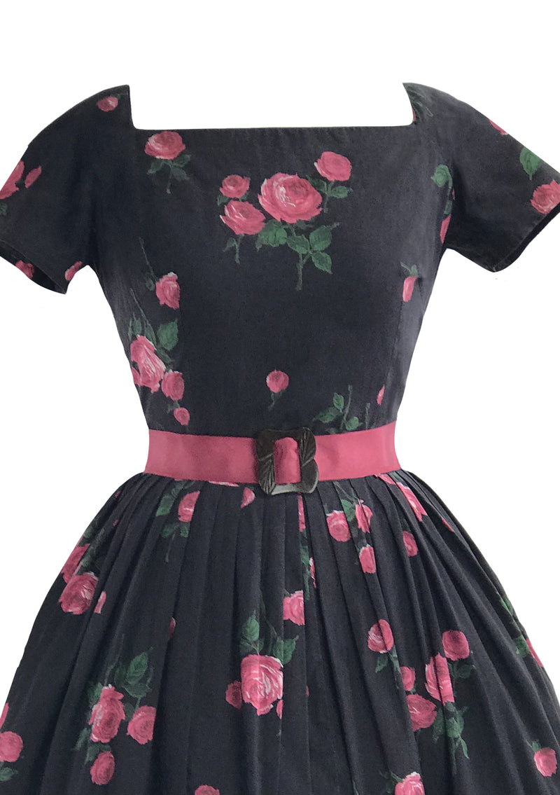 Vintage 1950s Pink Roses on Black Cotton Dress- New!