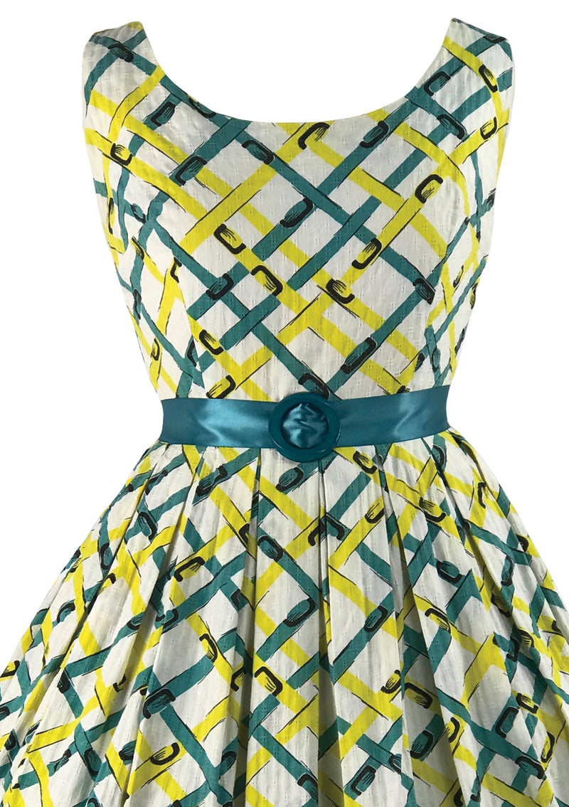 Early 1960s Turquoise and Yellow Cotton Link Dress New!