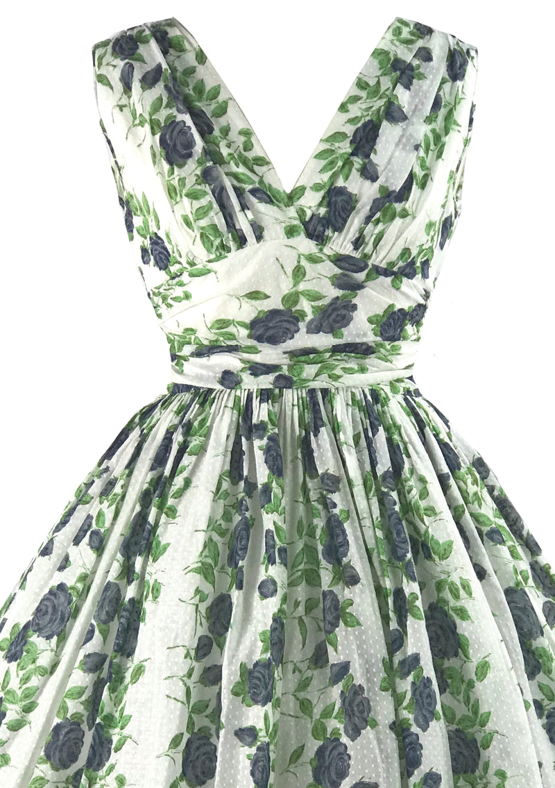 Vintage 1950s Trailing Blue Roses Swiss Dot Dress- New!