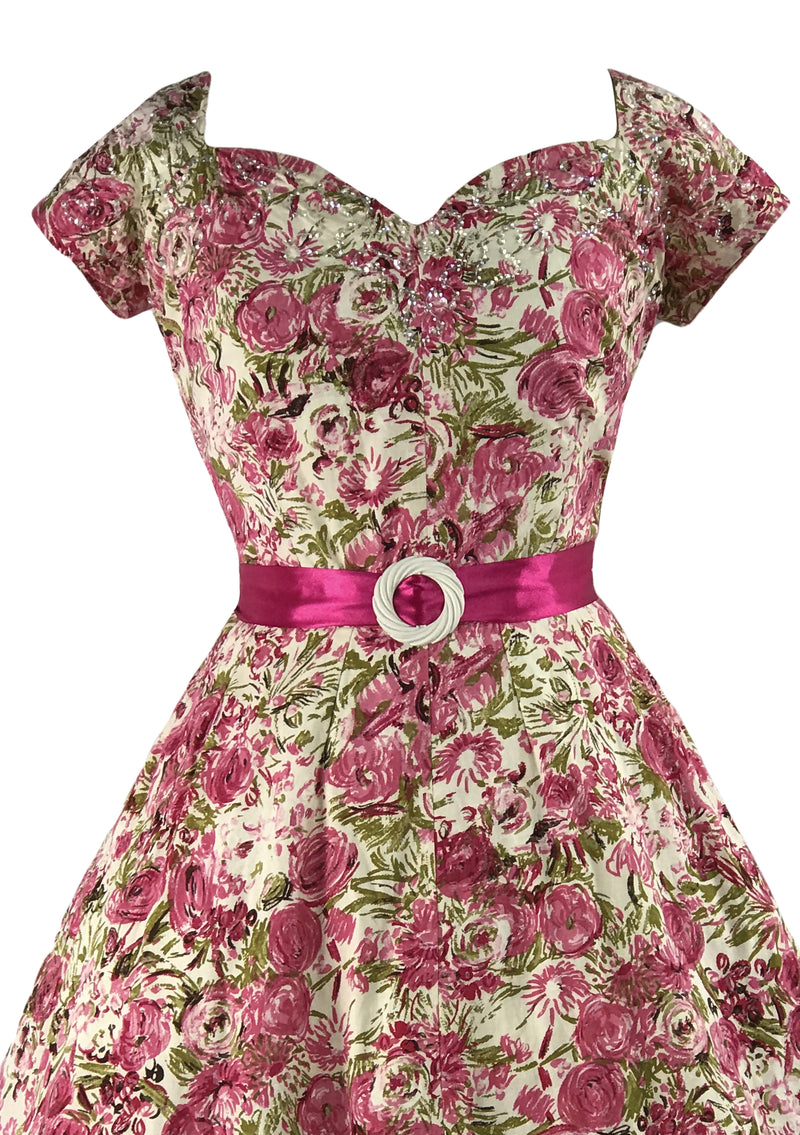 1950s Pink Roses with Sequins Cotton Dress- New!