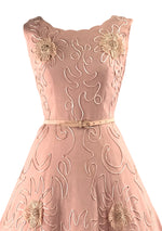 Vintage 1950s Pink Linen Applique Flowers Dress- New!