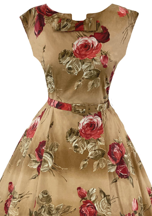 Deadstock Late 1950s Red Roses on Rose Gold Cotton- New!