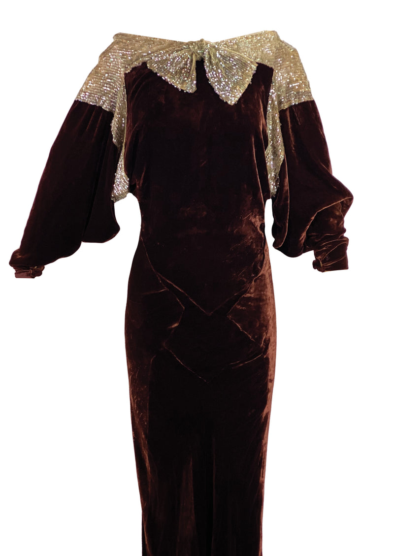 Vintage 1930s Chocolate Brown Balloon Sleeve Gown - New!