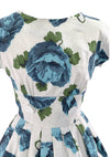 1950's Blue & White Huge Roses Print Cotton Dress - New!